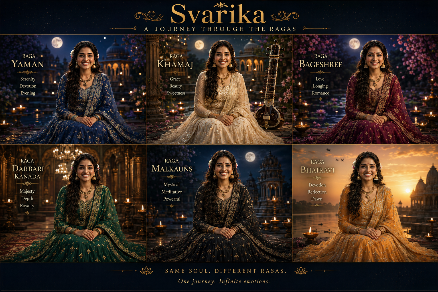 Svarika in costumes representing different ragas